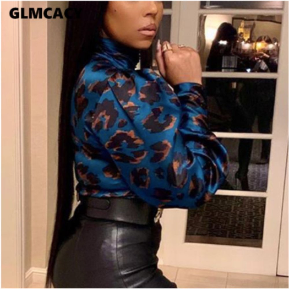 Blue Leopard Print Turtle Neck Keyhole Blouse - Picture 2 of 8